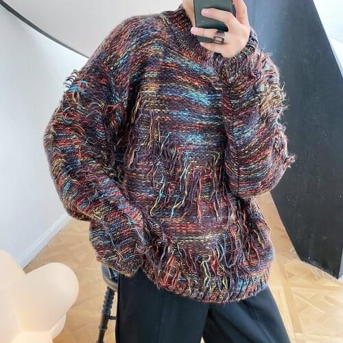 Men Thick Knit Thicken Half Turtleneck Tassel Pullover Sweater Male Women Streetwear Vintage Fashion Loose Sweater