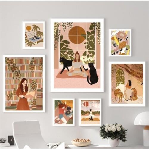 Tropical Girl Book Flower Cheetah Boho Nordic Posters And Prints Wall Art Canvas Painting Wall Pictures For Living Room Decor