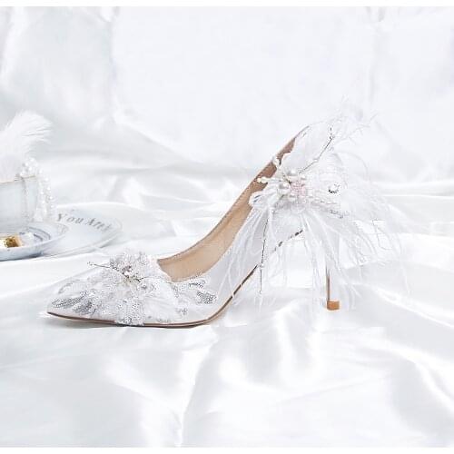 Bridal Shoes Luxury Pumps New pointed thin heel French girls sequined feather silk shallow mouth annual meeting high heels