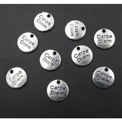 15pcs Silver Color Carpe Diem Mini Circle Plate Charm Retro Bracelet keychain DIY Metal Jewelry Alloy Pendant 12mm A1828