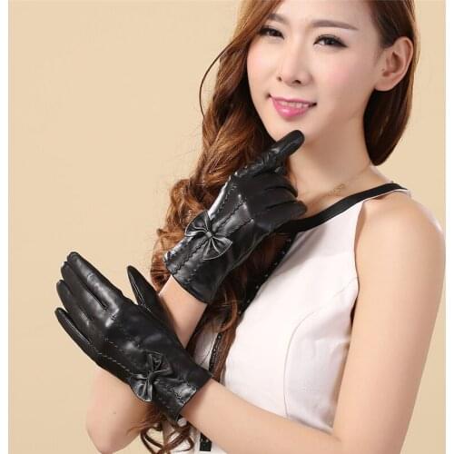 Screen Touch Women Gloves Wrist Solid Bowknot Female Genuine Leather Short Style Goatskin Glove For Winter Warm Lambskin Gloves