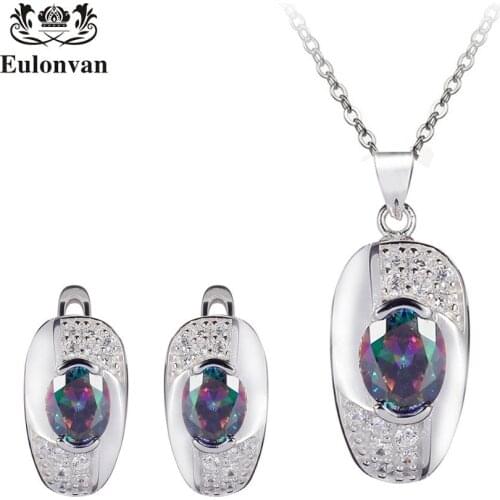 Eulonvan 925 Sterling Silver Fashion Women Jewelry Sets For Female Accessories With Rainbow Mystic Necklace And Earrings S3719