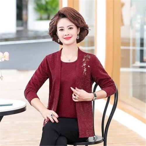 2021 Two Pieces Spring Fall Middle Age Mother Clothes Embroidery flower Pullover Plus Size 5XL Fashion Casual Women Diamond Top