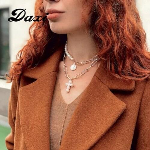 DAXI Punk Multi-layer Imitation Irregular Pearl Coin Pendant Choker Necklace Gold Lock Chain Necklaces for Women Pearl Jewelry