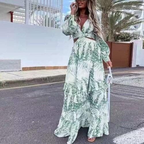 Women Sexy Deep V-Neck Hollow Out Party Dress Ladies Elegant Tie-Dye Ruffle Maxi Dresses Fashion Casual Long Sleeve Loose Dress