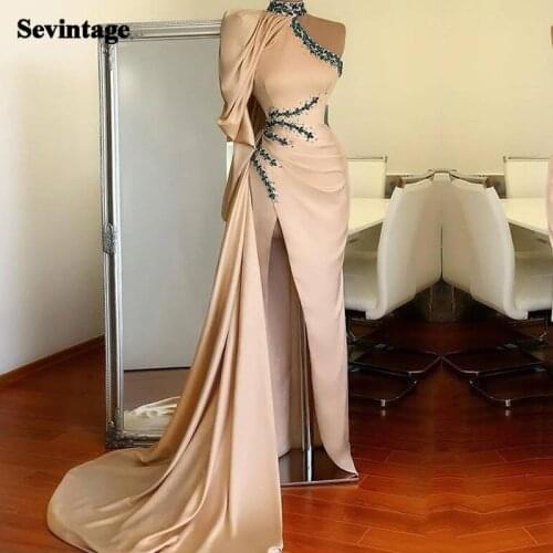 Sevintage Crystal Beaded Mermaid Evening Dresses High Neck Slit Prom Party Gowns Satin Pleats Women Special Occasion Dresses