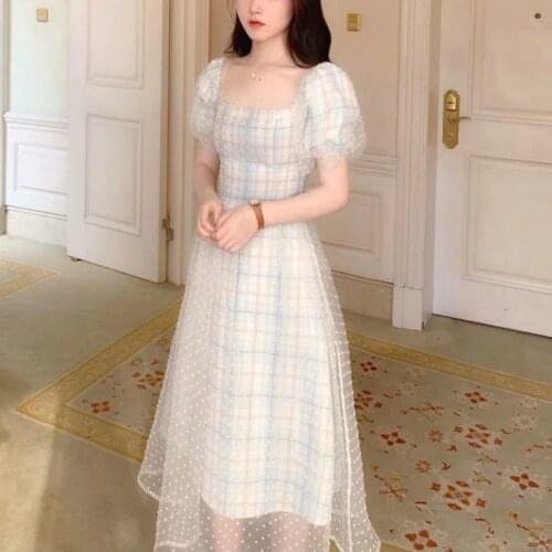 Bella Philosophy Wonder French Vintage Retro Dress Elegant Plaid Lace Chiffon Fairy Dress Casual Puff Sleeve Designer Dress