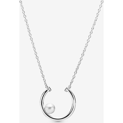 100% 925 Sterling Silver Offset Freshwater Cultured Pearl Circle Necklace for Women Fashion Jewelry Chain Necklaces Colgantes