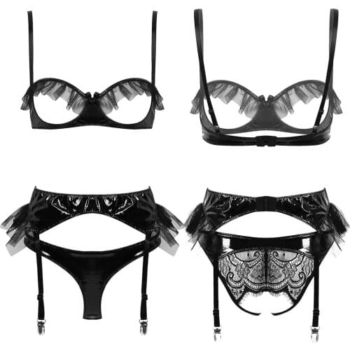 3Pcs Womens Wet Look Leather Lingerie Set Adjustable Straps Open Cups Bra Top with Garter Belt and Crotchless Briefs Underwear