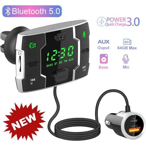 JINSERTA Bluetooth 5.0 Wireless Car Kit Handfree LCD FM Transmitter QC3.0 Dual USB PD Car Charger MP3 Music TF Card AUX Player