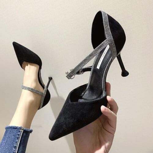 Women sandals Flock Sequined Cloth Buckle Strap 6CM 8CM Thin Heels High heels Pointed Toe Bling Shallow women sandals size 35-42