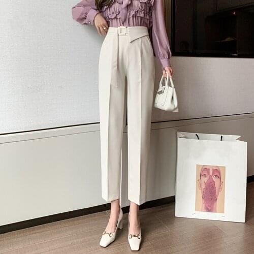 Spring Autumn 2021 New OL Style Womens Workwear Suit Pants Belted Casual Trousers High Waist Ankle Length Chic Trousers Female