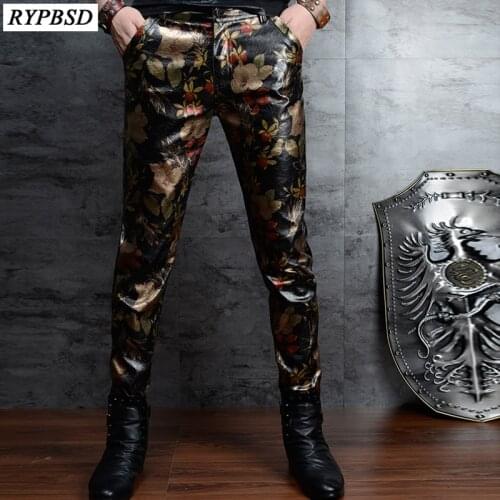 Floral Printed PU Skinny Leather Pants Men Korean Fashion Slim Nightclub Men Leather Pants Casual Mens Faux Leather Trousers