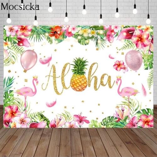 Aloha Party Flamingo Birthday Background Tropical Flower Green Leaves Summer Backdrop Child Birthday Decor Props Photo Studio
