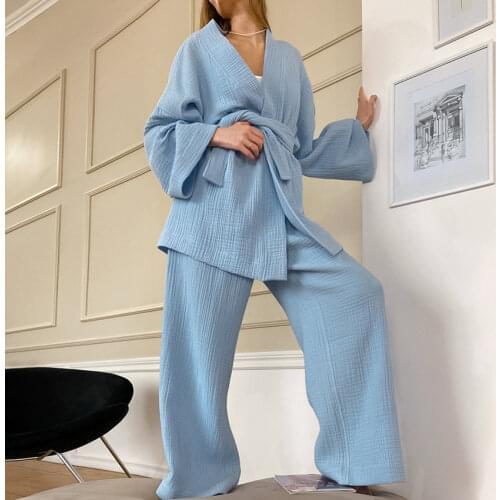 Restve Loose Home Robe Cotton 2 Piece Set Long Sleeve Robes With Sashes Solid Women Sets With Pants Autumn Female Casual 2021