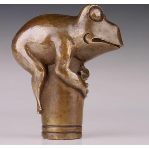 Chinese Copper Bronze Handmade Casting Frog Cane Walking Stick Head Statue