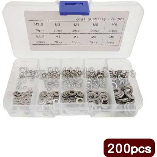 Lock washers set 200pcs/set Stainless Steel washers m2.5 m3 m4 m5 m6 Screw Fastener spring washer and Flat washer assortment kit