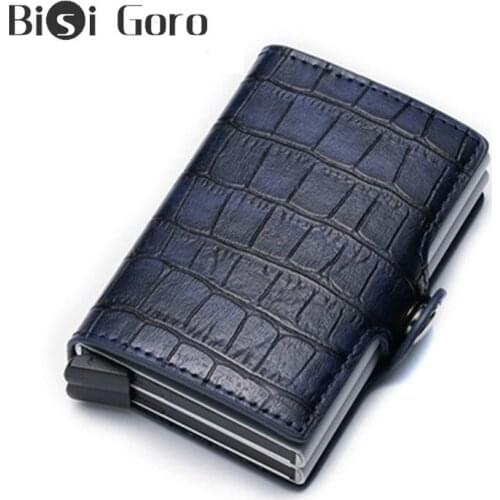 BISI GORO 2020 PU Leather Credit Card Holder New Metal Aluminium Double Box Men and Women Metal RFID Vintage Travel Card Wallet