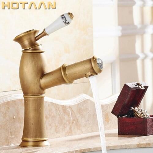Hot selling,Free shippingPull Out Basin Faucet Antique Brass Copper Basin Mixer Tap Kitchen Faucet Deck Mounted YT-5002
