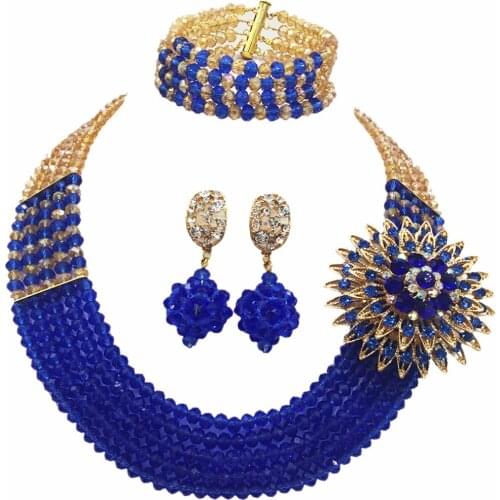 Fashion Gold AB Blue Crystal Beaded Necklace Nigerian Wedding African Beads Jewelry Set for Women 5L-SXJB02
