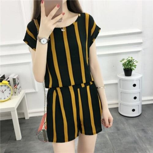 Youth clothing 2 piece set Summer clothes for women NEW printing Womens sports suit Chiffon stripe T-shirt + short pants K4557