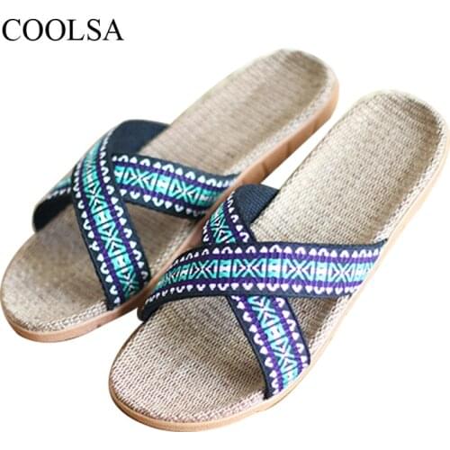 COOLSA Mens Cross-belt Natural Linen Flat Slippers Men Breathable Non-slip Beach Sandals Home Hotel Soft Durable Flax Slides