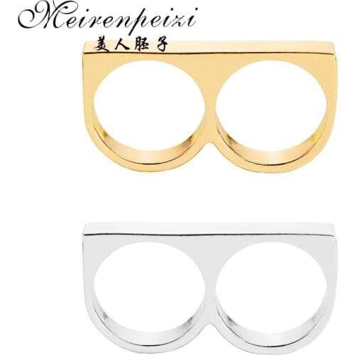 New Jewelry Two Finger Ring For Men Gold/Silver Color Bar Rings Cool Punk Party Statement Men Ring Valentines Day Gift
