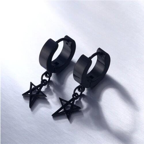 1 Pair Korean kpop Hexagram Stud Earrings for men Circle Round Stainless Steel Earring black Punk Rock Asymmetrical Jewelry