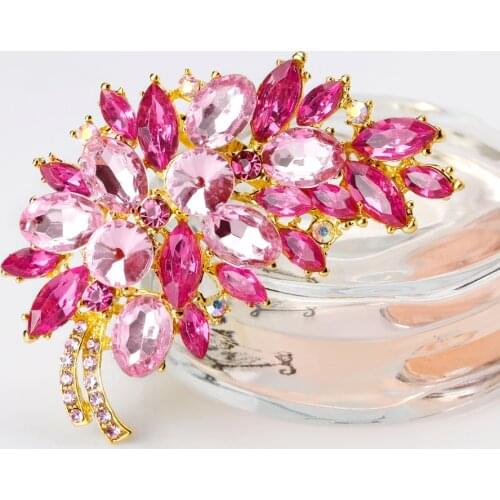 Big Size Full Crystal Accessories Small Flower Cluster Leaf Purple Brooches for Women Wedding Bouquets Gold Color Brooch Jewelry