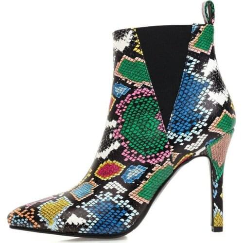 Multicolor Fashion Pointed Toe Women Boots Elastic Band Thin Heel Women Ankle Boots Snake Print Sexy Boots Party Shoes