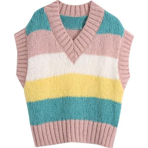 V-Neck Knitted Vest Womens Sweater Rainbow Stripe Color Sleeveless Outerwear Pullover Elasticity Female Casual New Korea Style