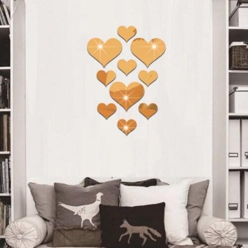 10PCS 3D Acrylic Heart-Shaped Mirror New Wall Poster Living Room Home Decoration Wall Stickers Plastic Removable Heart Art Decor