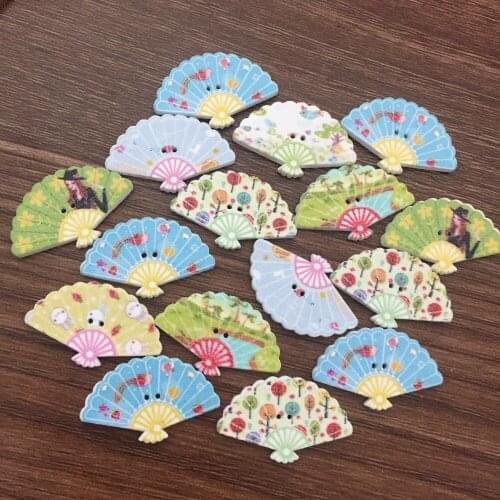 100pcs 18x30mm Flower Painted Fan Shaped Wooden Sewing 2 Holes Buttons Embellishments Scrapbooking DIY Crafts