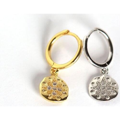Balrog style 100% REAL.925 Sterling silver white /Gold Zircona set Irregular Coin Star Hoop huggie Earring Charms TLE1202