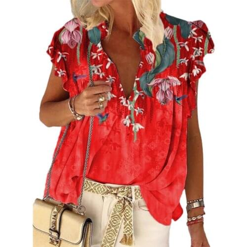 Summer Women T-shirt Deep V Neck Elegant Floral Print Flare Sleeve T-Shirts 2021 Newest Plus Size Loose Blouse Tops Casual