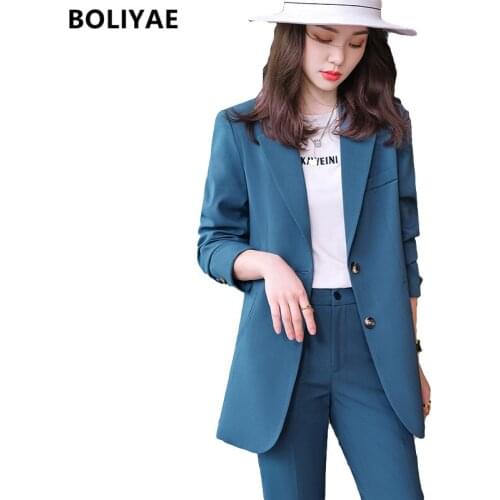 Boliyae Spring and Autumn Elegant Women Pants Suit Long Sleeve Fashion Blazer Trouser Bussiness Jacket Office Lady 2 Pieces Sets