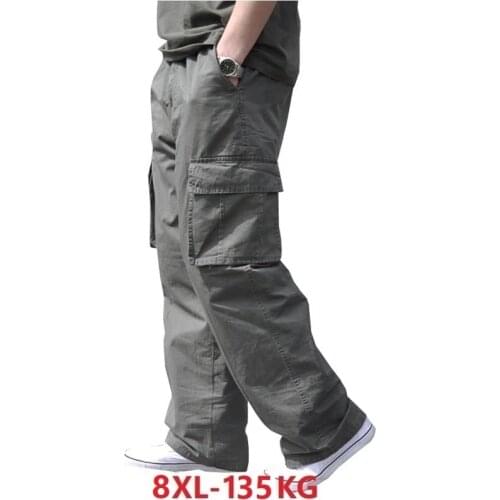Autumn spring Men Cargo Pants Cotton Pockets Large Size 8XL winter thick Loose armygreen out door Safari Style Pants elasticity