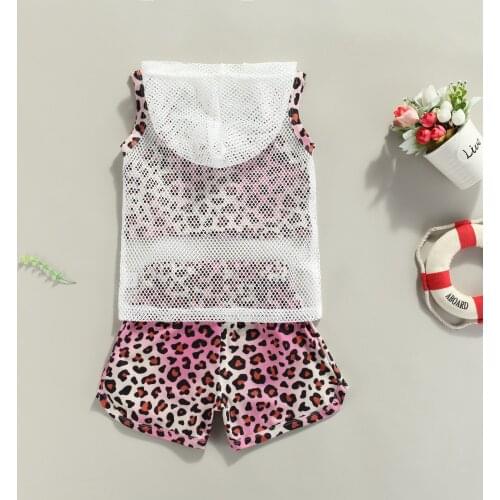2021 3Pcs Kids Summer Tracksuit, Leopard Print Spaghetti Strap Crop Tops + Shorts + Mesh Hooded Tank Tops for Girls, 1-6 Years