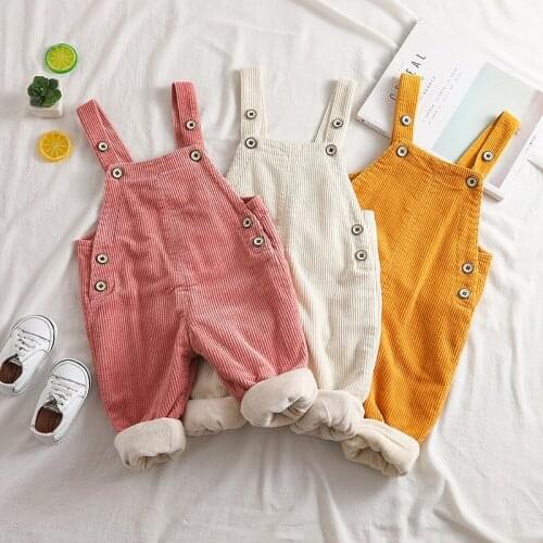 Childrens Plus Velvet Jumpsuits Winter New Baby Boys Girls Solid Thicken Warm Overalls Toddler Kids Corduroy Overall Trousers