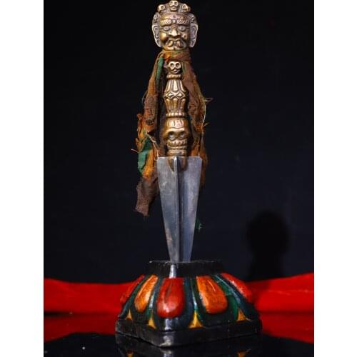 Home Decor 9" Tibet Buddhism Old Bronze Statue of Mahakala Skull Dorje Vajra Phurba Dagger Holder faqi Bodhi root base Exorcism