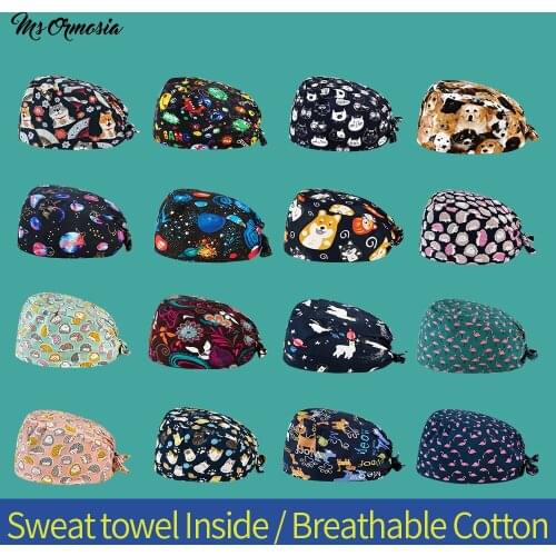 Breathable Pure cottonmen and women cartoon printing Elastic Pet grooming scrub hats spa lab work caps scrub cap custom logo