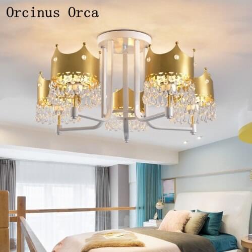 European light luxury gold crown ceiling lamp Girl Bedroom Princess room lamp modern creative LED gold crystal ceiling lamp