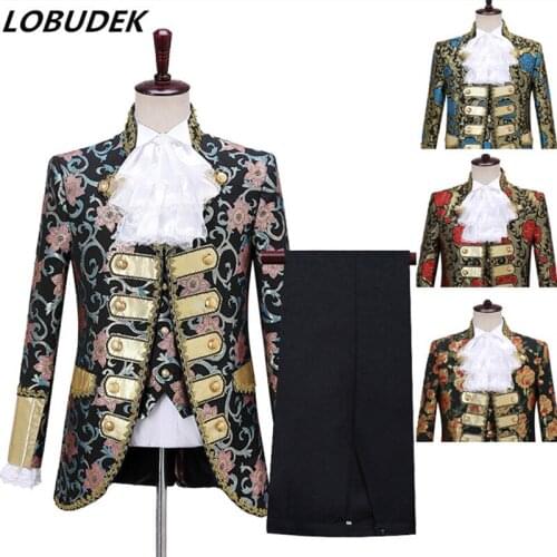 Vintage Court 3 Pieces Set Cosplay Costume Mens European Drama Performance Jacket Vest Pants Jacquard Suit Wedding Groom Suits