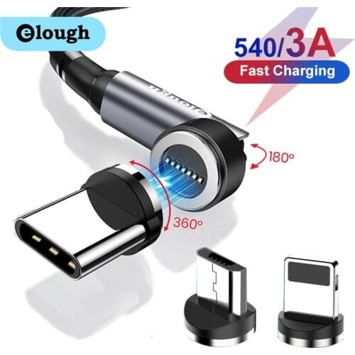 Elough Magnetic Cable 3A Fast Charging 540 Rotate Magnet Charger Micro USB Type C Cable For iPhone Xiaomi Data Charger Wire Cord