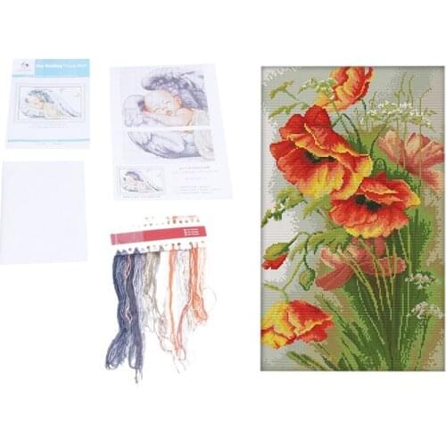 2 set DIY Handmade Needlework Counted Cross Stitch Set Embroidery Kit 14CT Cross-Stitching Home Decoration - Poppy Flowers Patte