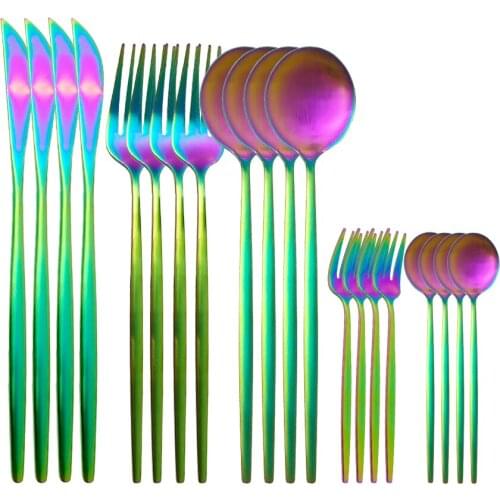 Multi-Colors 20Pcs Cutlery Set Dinnerware Set Dinner Knife Cake Fork 304 Stainless Steel Rainbow Silverware Home Tableware Se