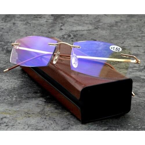 Rimless Business Reading Glasses with Alloy Frame for Men Women Blue Light Blocking with Case +1.0 +1.5 +2.0 +2.5