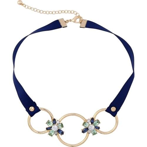 Bulk Price Blue Ribbon Green Glass Crystal Pendant Choker Necklace Women Fashion Charm Necklace Jewelry