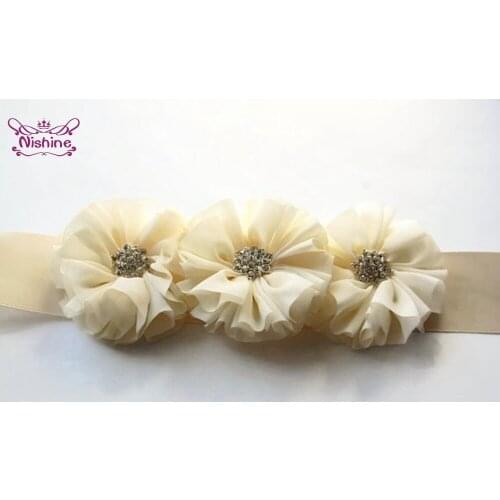 Nishine Three Handmade Flowers Sash with Maple Leaf Rhinestone Solid Color Floral Maternity Belt Clothing Waistband Holiday Gift