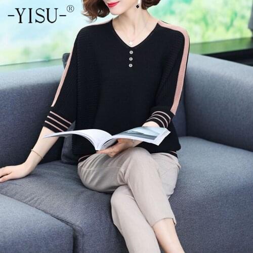 YISU Simple Woman clothing Summer Loose Sweater O-Neck Middle sleeve Jumper Female Thin Casual Knitted Pullover